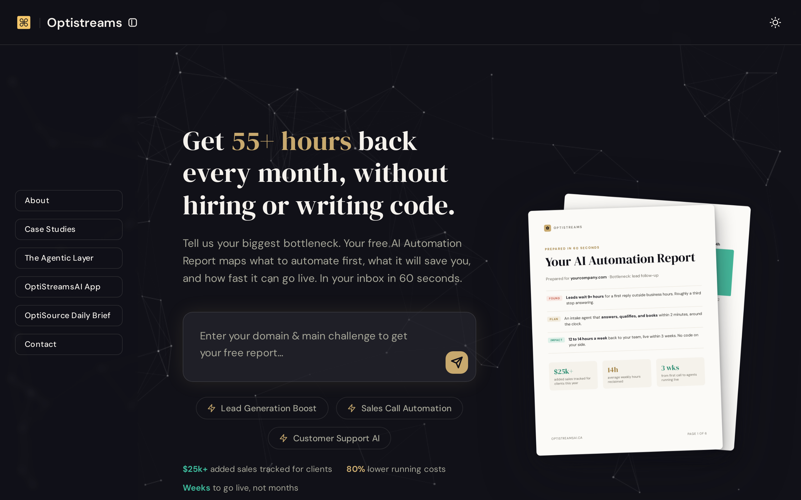 Optistreams agency site with live report generator